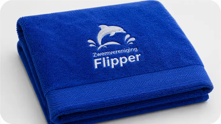 Geborduurde handdoek met logo van Zwemvereniging Flipper