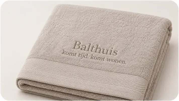 Geborduurde handdoek met logo van Balthuis wonen