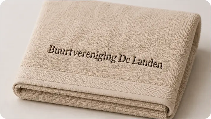 Geborduurde handdoek met logo van Buurtvereniging De Landen