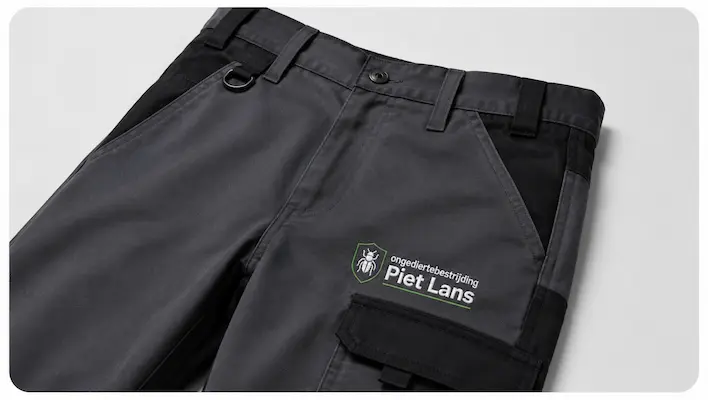 Geborduurde werkkleding met logo van Ongediertebestrijding Piet Lans