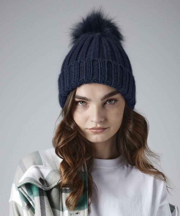 Verbier grofgebreide Fur Pop Pom muts